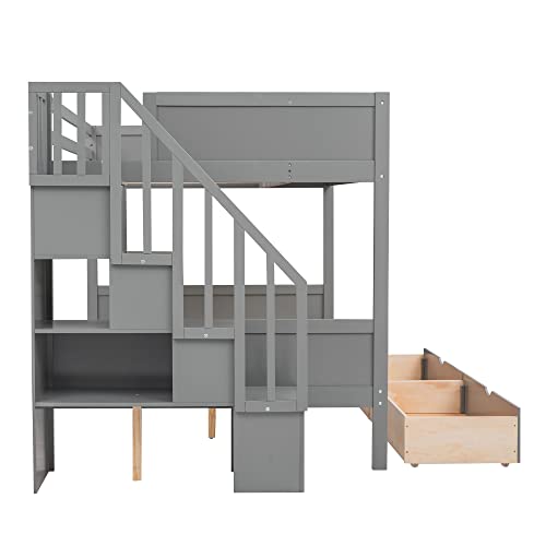 BOVZA Twin Over Full Bunk Bed with Storage Shelves, Drawers & Staircase Grey