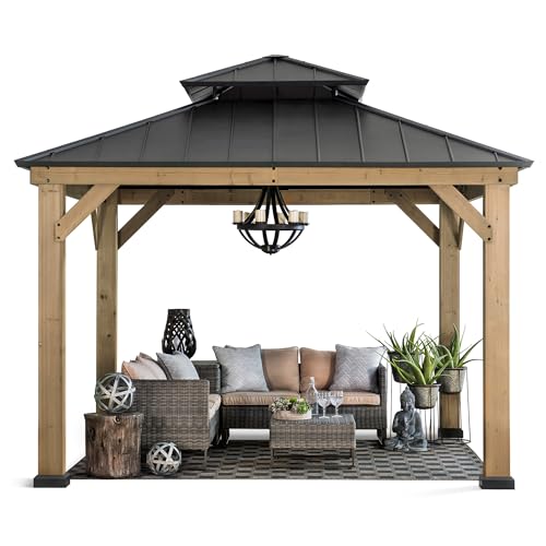 Sunjoy 11x11 ft. Wood Gazebo with Black Steel Hardtop Roof and Natural Wood Frame