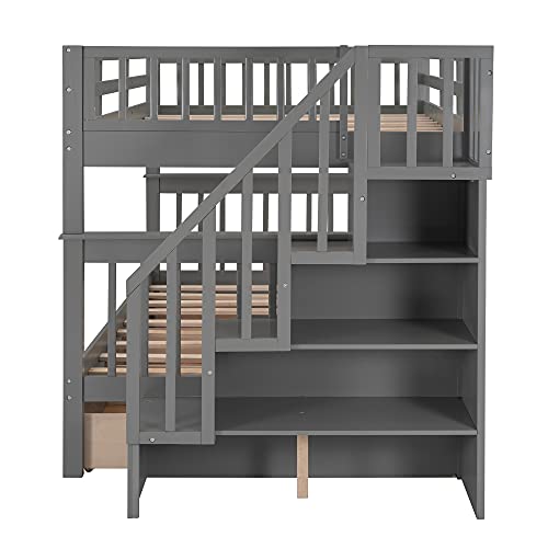 Harper & Bright Designs Full Over Full Bunk Beds with Stairs & Storage Grey
