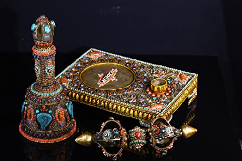 Generic Tibetan Silver Gilt Mosaic Gem Dzi Beads Vajra Rattle Bell Set 17