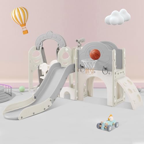 CUAUC 7-in-1 Toddler Slide & Swing Set with Basketball Hoop Grey+White