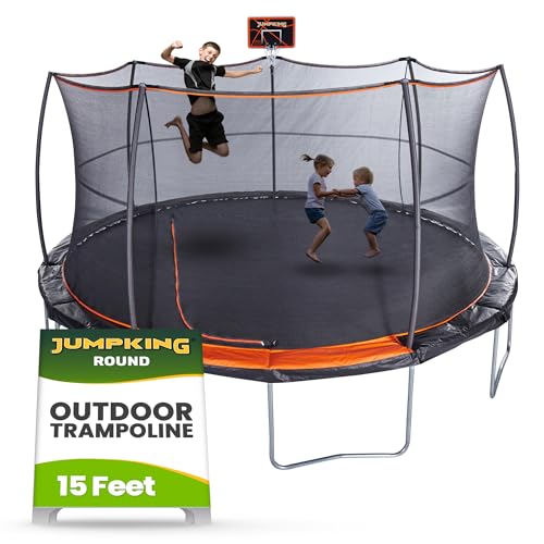JumpKing 15 ft Trampoline with Safety Enclosure & Basketball Hoop Black/Orange