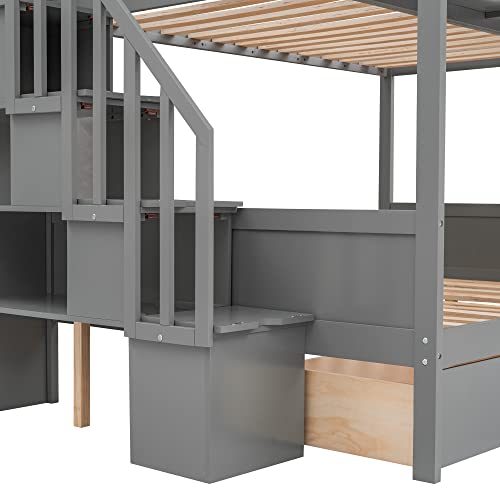 BOVZA Twin Over Full Bunk Bed with Storage Shelves, Drawers & Staircase Grey