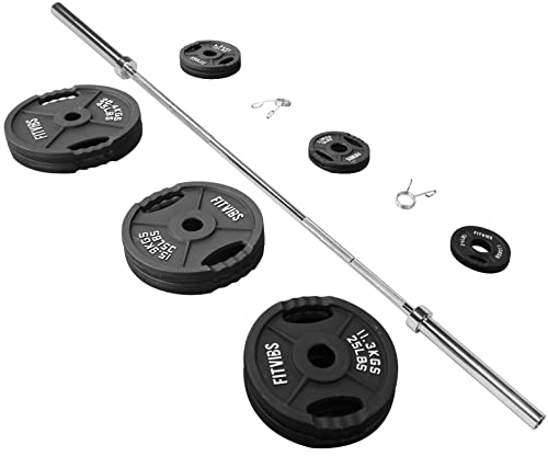 Signature Fitness Cast Iron Olympic 2-Inch Weight Plates + 7FT Olympic Barbell 300LB Set with Barbell