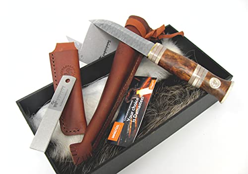 Outdoor Merchants Swedish Handmade Hunting Knife Karesuando Damascus Blade Curly Birch & Reindeer Antler