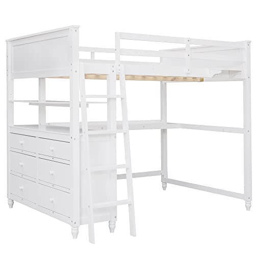 Harper & Bright Designs Full Size Loft Bed with Desk and Storage Drawers White