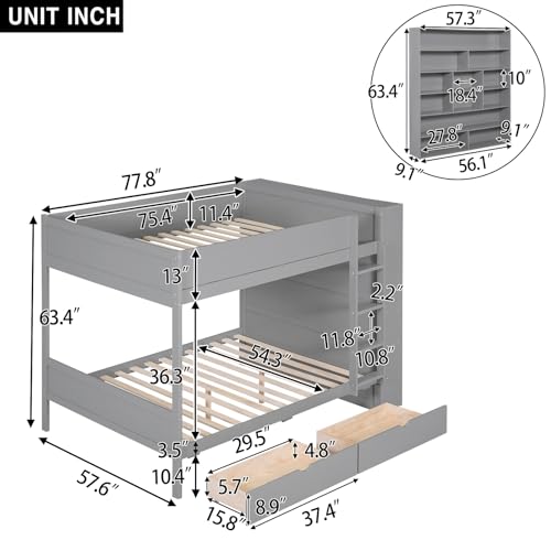 Acosure Full Over Full Bunk Bed with Storage Drawers and Cabinet Grey
