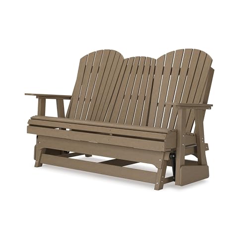 Benzara 67 Inch Outdoor Adirondack Glider Loveseat with Dropdown Cupholders Brown