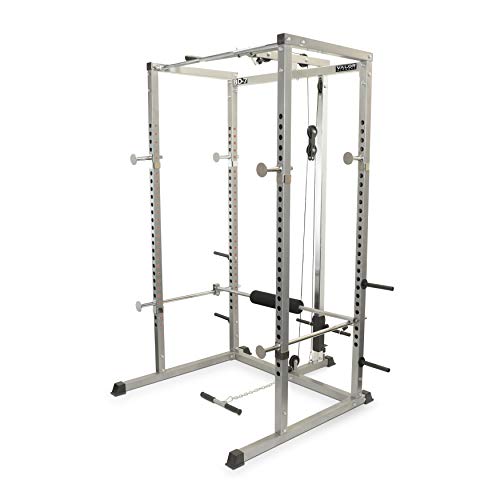 Valor Fitness Power Squat Rack with Lat Pull Attachment and Pull Up Bar Station Black