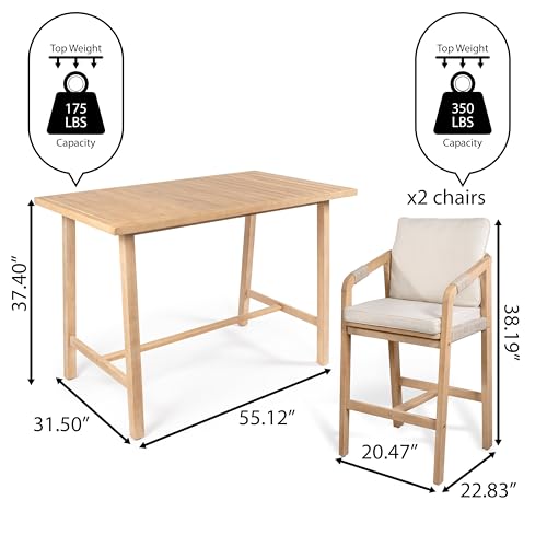 JONATHAN Y Porto Modern Coastal 3-Piece Acacia Wood Outdoor Bar Set with Cushions Beige/Light Teak