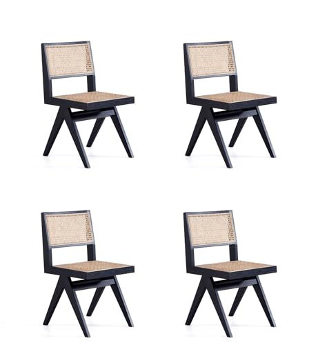 Manhattan Comfort Hamlet Rattan Wicker Cane Side Dining Chair Set of 4 Black/Natural