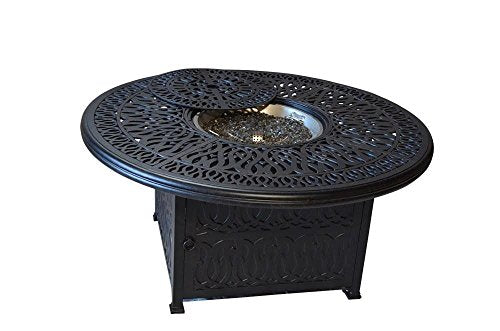 Patio Land Grand Tuscany 7-Piece Round Gas Fire Dining Set Dark Bronze with Sunbrella Sesame Cushions