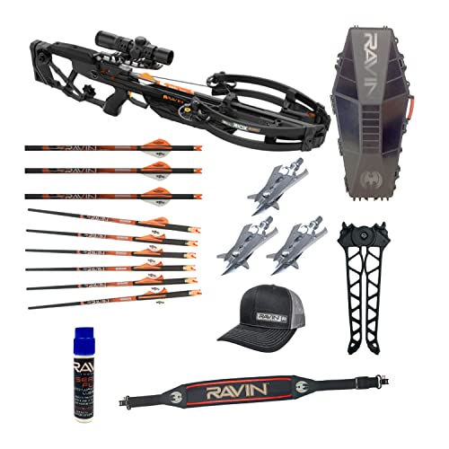 RAVIN R10X 420 FPS Crossbow Bundle with Hard Case, Titanium Broadheads, Arrows, Sling, Bi-Pod, Hat, String Fluid Black