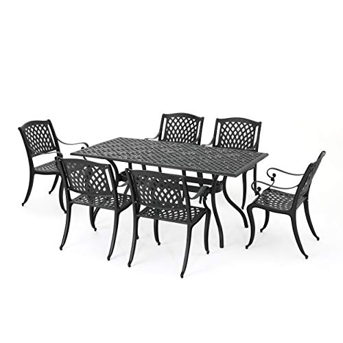Christopher Knight Home Cayman Outdoor 6-Seater Cast Aluminum Dining Set 7-Pcs Black Sand