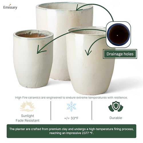 Emissary Pearl White Stoneware Round Planters Set of 3 22in x 28in
