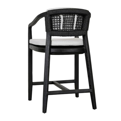 Benzara 25 Inch Outdoor Counter Stool Chair Woven Olefin Fabric Teak Black and Gray