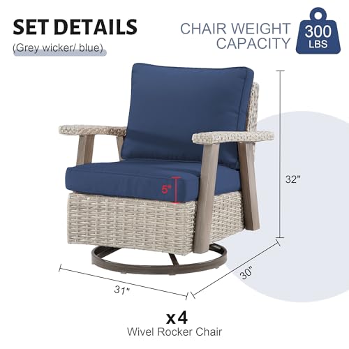 Yokayoay Wicker Patio Chairs Set of 4 Swivel Rocking with Thickened Cushions Grey/Blue