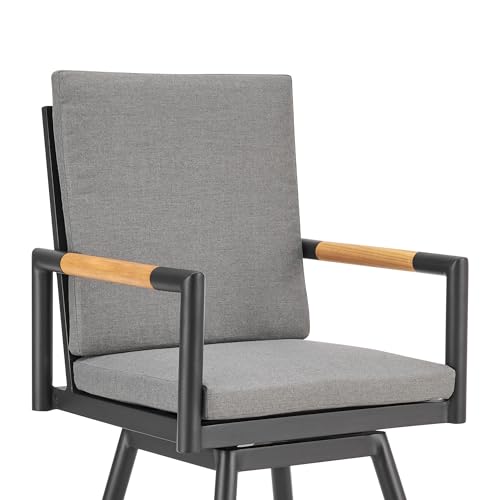 Armen Living Crown Outdoor Patio Swivel Bar Stool Black Aluminum with Wood Accent Dark Gray