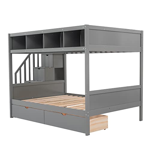 BOVZA Twin Over Full Bunk Bed with Storage Shelves, Drawers & Staircase Grey