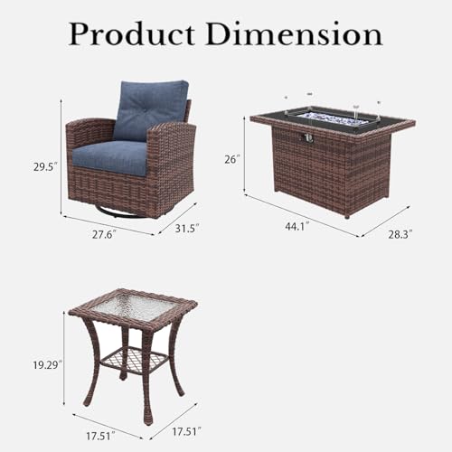 LayinSun 7-Piece Patio Furniture Set with Swivel Chairs and Fire Pit Table Brown/Navy Blue