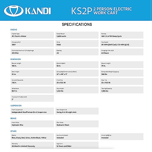 Kandi America Electric Cart 2 Passenger 5,000-Watt Motor Dump Bin ATV UTV Blue