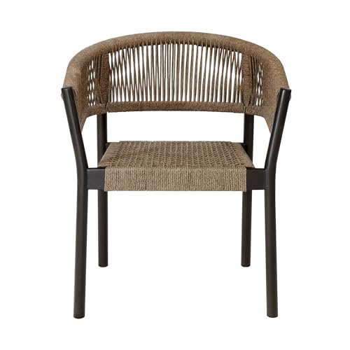 Benzara Roi Patio Dining Chair Set of 2 Truffle Rope Woven Dark Eucalyptus Wood Brown