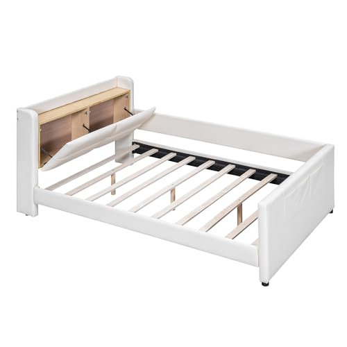 Brisca Full Size Upholstered Platform Bed with Storage and Guardrail Beige