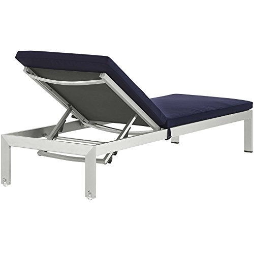 Modway Shore Aluminum Outdoor Patio Chaise Lounge Chairs with Cushions Silver Navy