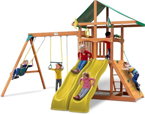 Gorilla Playsets Outing Wood Swing Set with Green Canopy & Yellow Slides