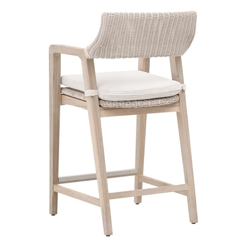 Benzara 28 Inch Outdoor Counter Stool Chair Synthetic Wicker Gray White