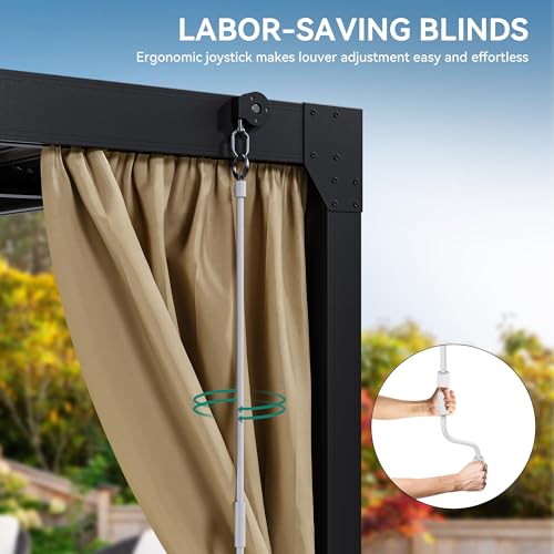 YITAHOME 10x13ft Louvered Aluminum Pergola with Adjustable Roof and Netting Brown