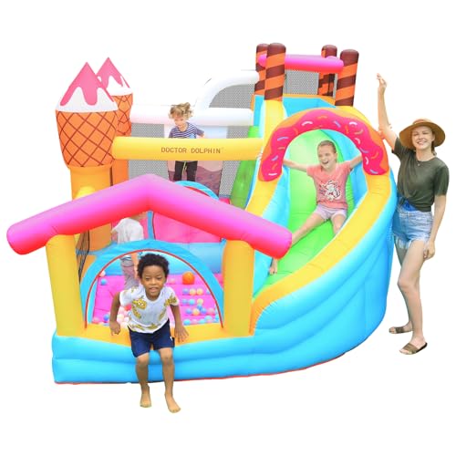 Doctor Dolphin Inflatable Bounce House Ice Cream Doughnut Party with Blower, Slide & Ball Pool Pink and Yellow