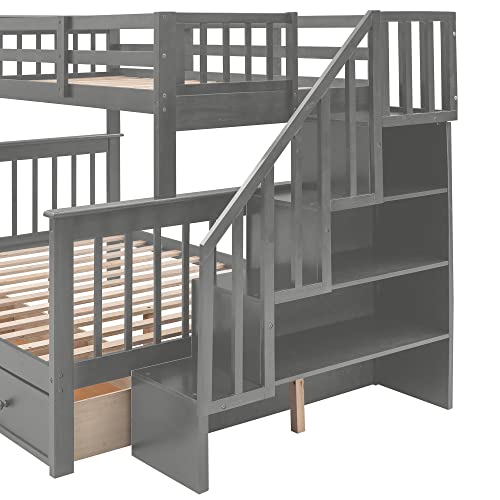 MERITLINE Twin Over Full Bunk Bed with Storage Drawers, Shelves, Guardrails, and Stairs Grey