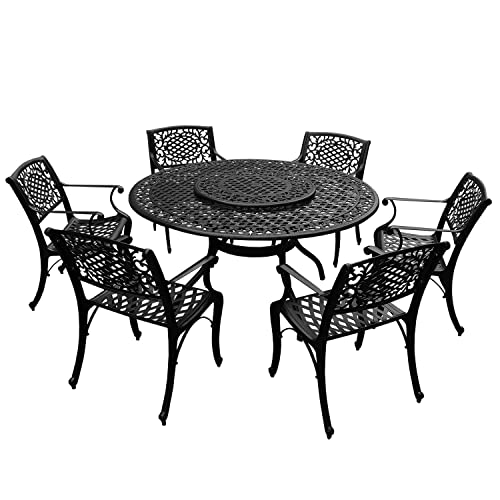 Oakland Living Modern Ornate Outdoor Aluminum 59-in Round Patio Dining Set with Lazy Susan and Six Chairs Black