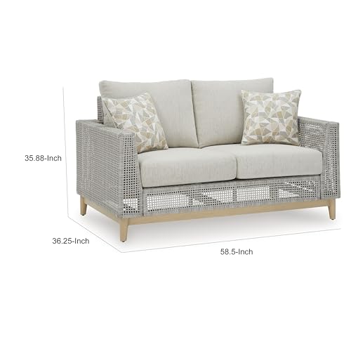 Benzara Yami 59 Inch Outdoor Loveseat with 2 Accent Pillows Gray and Brown