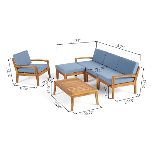 Christopher Knight Home Grena Outdoor Acacia Wood 4-Seater Sectional Set with Ottoman and Coffee Table Teak + Blue