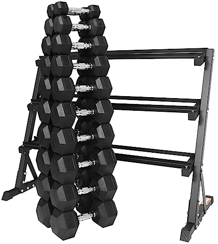 Signature Fitness 550LB Rubber Coated Hex Dumbbell Weight Set with 3-Tier Storage Rack Black