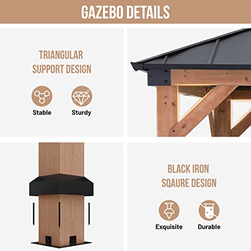 ABCCANOPY Wood Gazebo 11x13 Black - Outdoor Patio Wooden Gazebo with Hardtop Metal Double Roof