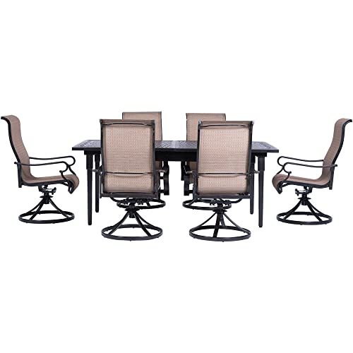 Hanover Brigantine 7-Piece Modern Outdoor Dining Set with 6 Sling Swivel Rocker Chairs and Expandable Cast-Top Table Tan