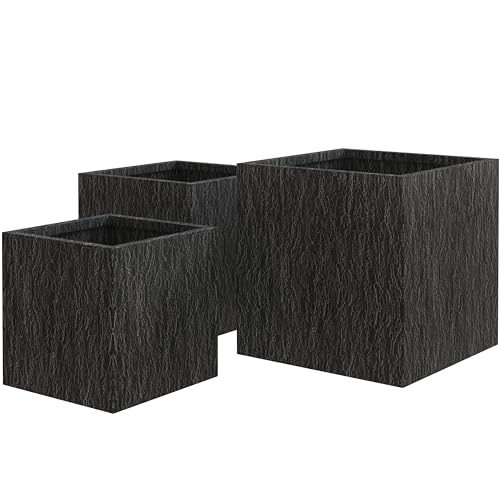LeisureMod Verdura Mid-Century Modern 3-Piece Fiberstone Planter Set Black