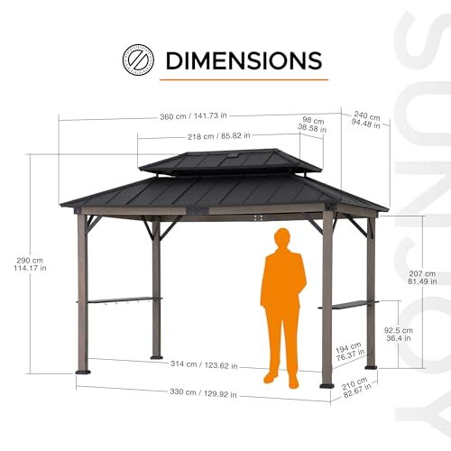Sunjoy Wooden Grill Gazebo 8x12 ft Steel Hardtop Solar Power Outdoor Cooking Shelter Black