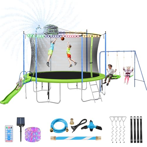 Lyromix 14FT Trampoline with Slide, Swings, Basketball Hoop & Ladder Green