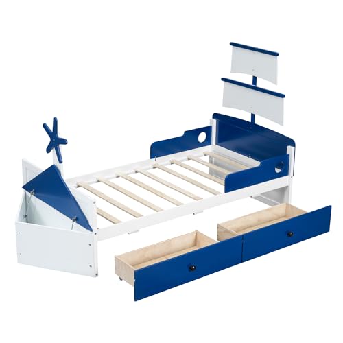 Bellemave Twin Size Boat-Shaped Kids Bed with Storage Drawers Blue