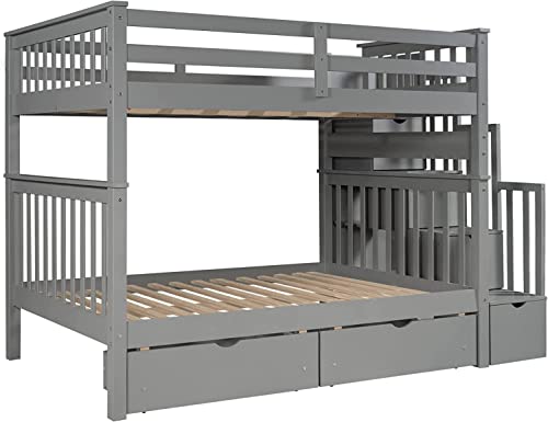 Harper & Bright Designs Full Over Full Bunk Beds with Stairs and Storage Drawers Grey