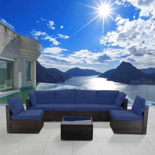 CHABATREE 7-Piece Rattan Outdoor Patio Furniture Set Dark Blue