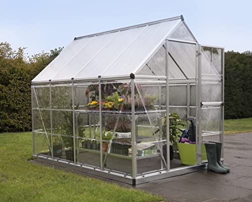 Palram Canopia 6x8 Greenhouse Walk-In UV Polycarbonate Heavy Duty Aluminum Lockable Door Adjustable Roof Vent Silver with Plant Hangers