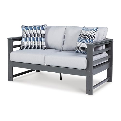 Benzara 55 Inch Outdoor Loveseat Gray Frame Cushioned Seat with 2 Throw Pillows Grey
