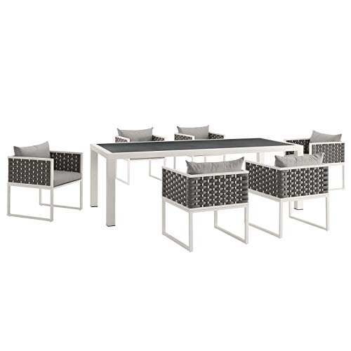 Modway Stance Outdoor Patio Woven Rope 7-Piece Dining Furniture Set White Gray