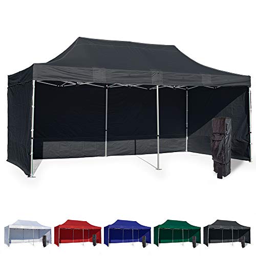 Vispronet 10x20 Instant Canopy Tent with 3 Side Walls - Commercial Grade Steel Frame, Water-Resistant Canopy, Bonus Bag & Stake Kit Black