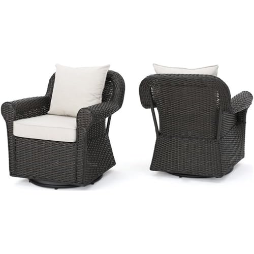 Noble House Amaya Outdoor Dark Brown Wicker Swivel Rocking Chair Set with Beige Cushions (Set of 2)